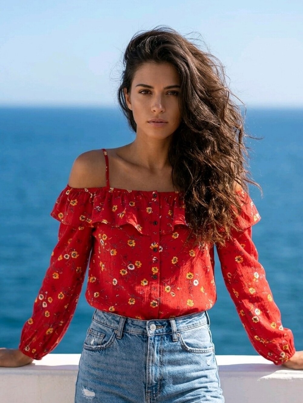 Maurices Red Floral Cold-Shoulder Ruffle Blouse Size Medium. Great Condition - Picture 2 of 16